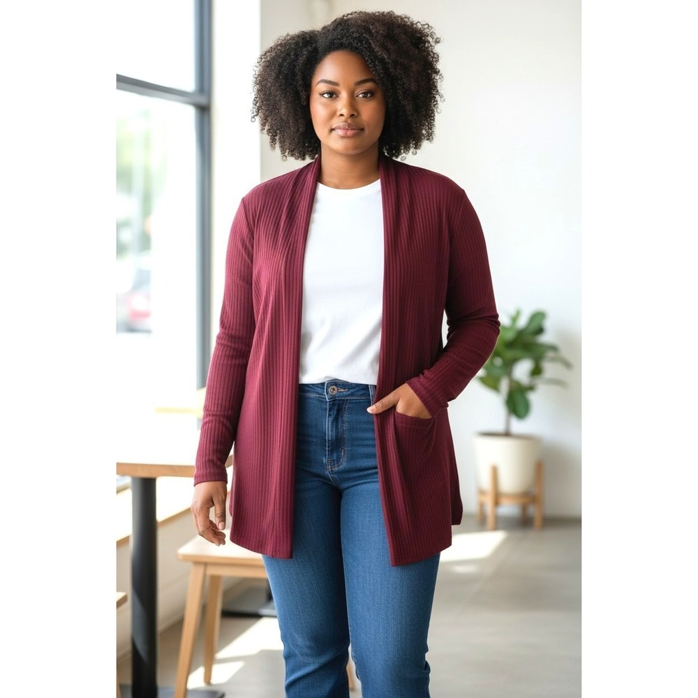 (I-247)Susan Graver Everyday Ribbed Liquid Knit Cardigan Wine Open QVC size L